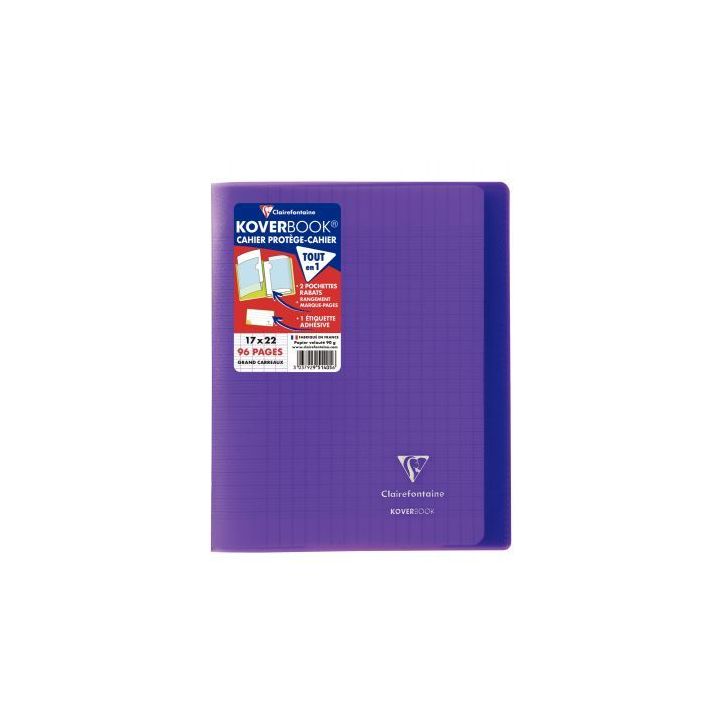 Piqûre 96 pages 17x22 cm KOVERBOOK, seyès 90g, couverture en polypropylène, violet 951405C CLAIREFONTAINE