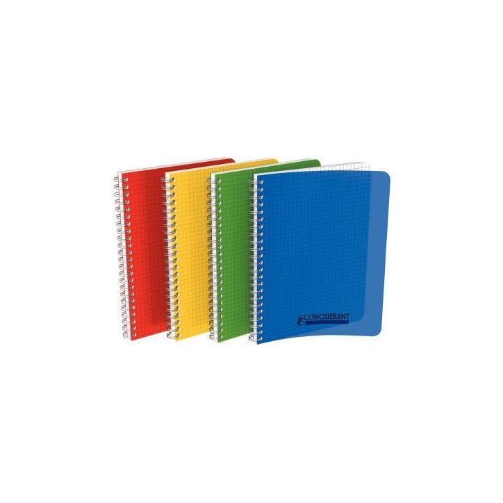 Cahier spirale 21x29,7cm 180 pages petits carreaux 5x5 90g. Couverture polypro assortie