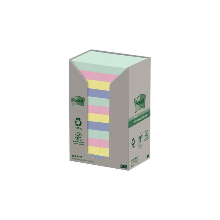 POST-IT® Notes Post-it Recyclées Nature. 38 x 51 mm. 24 blocs, 100 F. Ass : vert, rose, bleu, jaune.