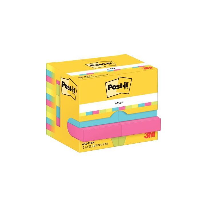 Paquet de 12 blocs notes de 100 feuilles Post-it adhésifs repositionnables énergie 38 x 51 mm assortis 50019(...)