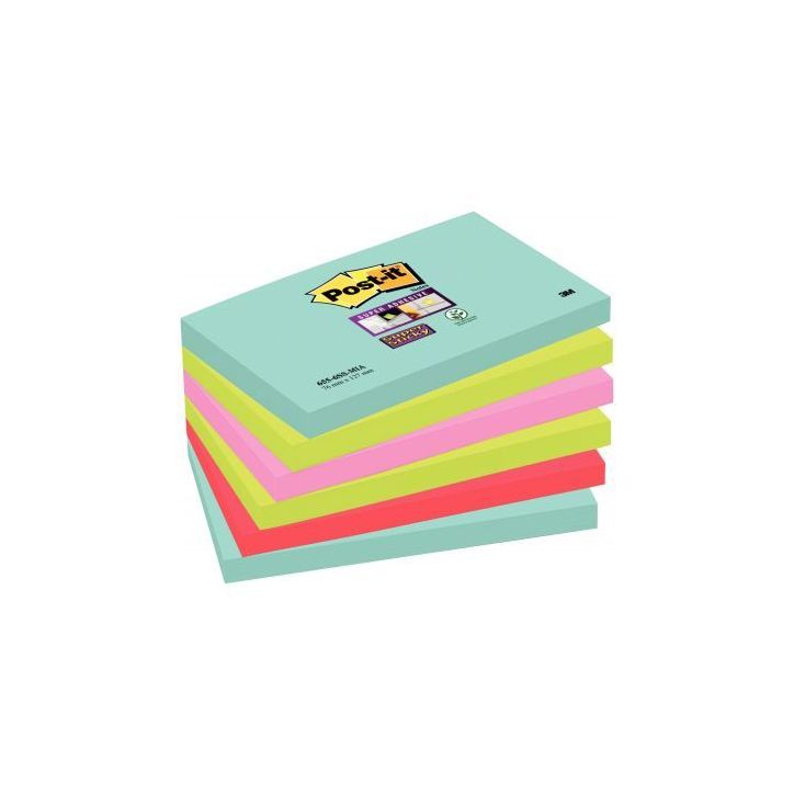 POST-IT Lots de 6 blocs Notes Super Sticky POST-IT® couleurs MIAMI 90 feuilles 76 x 127 mm