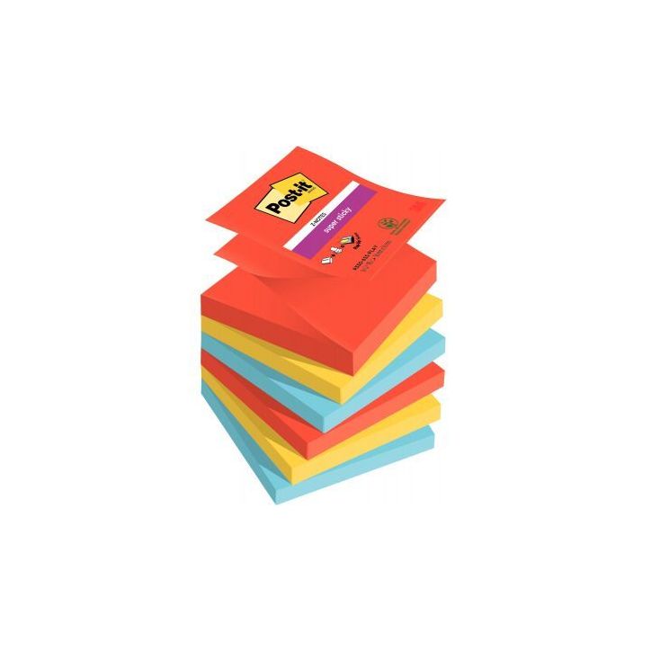 POST-IT® Z-Notes Super Sticky Playful 76x76 mm. 6 blocs, 90F. Ass : rouge/orange/jaune/vert/bleu/violet.