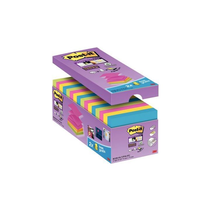 Pack de 16 blocs Znotes super sticky 76x76mm coloris assortis dont  2 gratuits BP889 POST-IT 3M