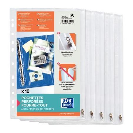 Achetez OXFORD Sachet de 10 pochettes perforées à  Zip en PVC transparent 14/100e. Format A4,perf..