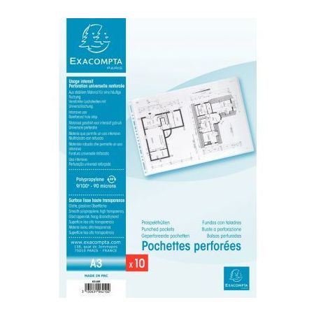 Achetez Sachet de 10 pochettes perforées en polypropylène lisse 9/100ème, format A3 6210E EXACOMP..
