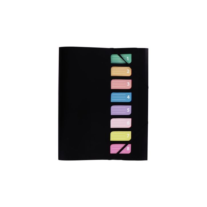 Trieur en polypropylène avec 3 rabats et élastiques 8 compartiments coloris noir 1310410