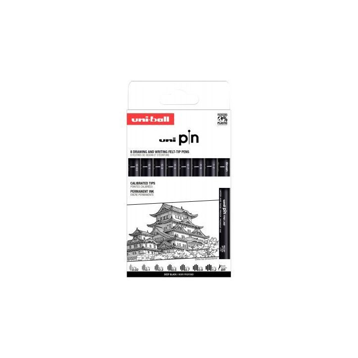 Pochette 8 feutres Uni Pin Pointes Impaires plus brush noir PIN/8 PF ASP010 UNIBALL