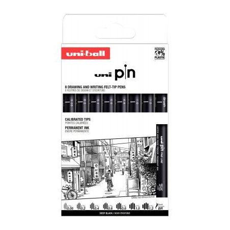 Achetez Pochette 8 feutres Uni Pin Pointes assorties plus brush noir PIN/8 PF ASP011 UNIBALL pas che..