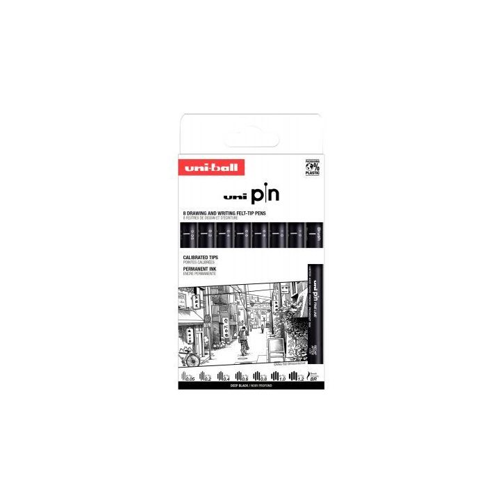 Pochette 8 feutres Uni Pin Pointes assorties plus brush noir PIN/8 PF ASP011 UNIBALL