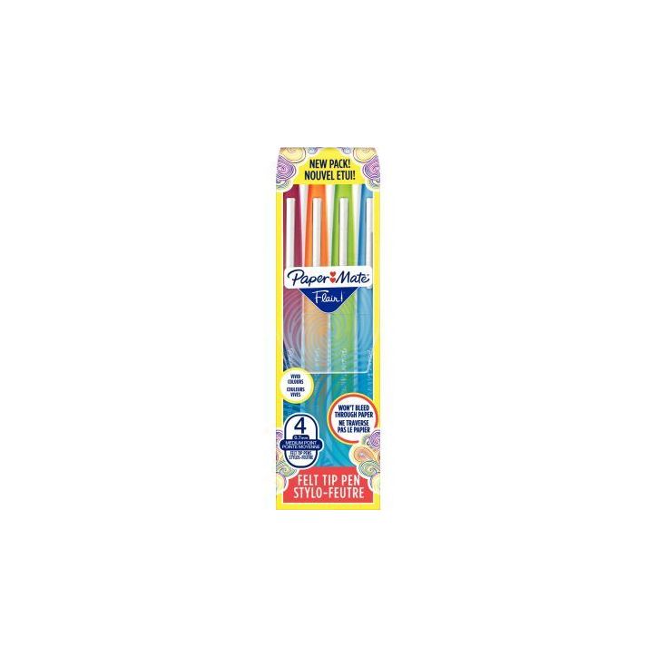 PAPERMATE Pochette de 4 Stylos feutres Flair Original Fun, pointe 0,4mm. MGE, O, VP, T