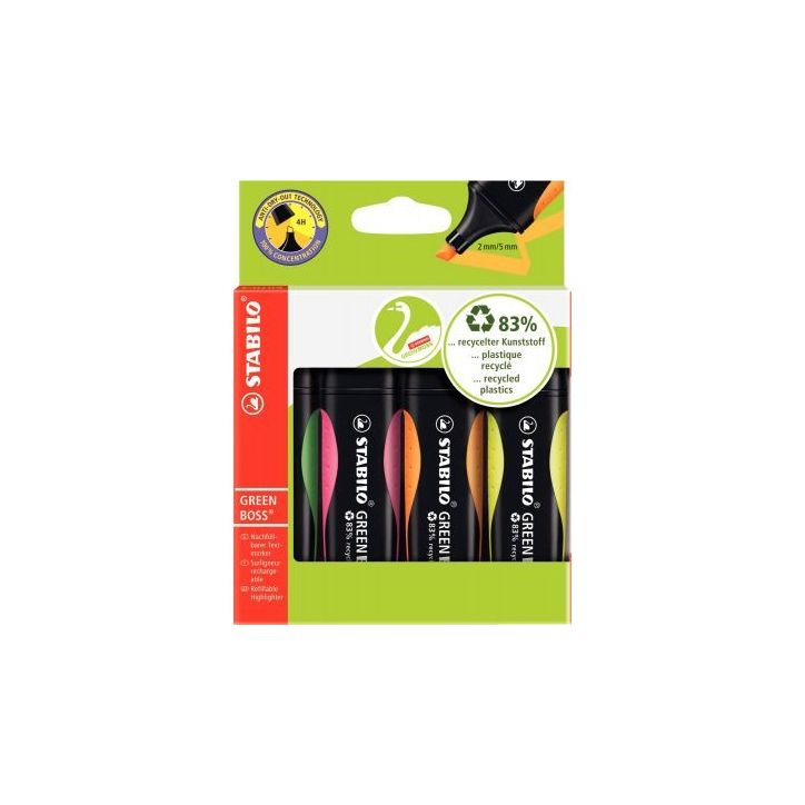 STABILO GREEN BOSS surligneur pointe biseautée - Etui de 4 surligneurs fluo - Jaune/Vert/Orange/Rose