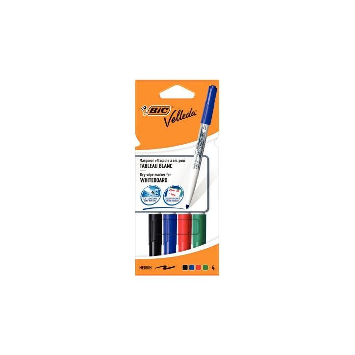 BIC Velleda 1741 Feutres pour Tableau Blanc Effaçables à  Sec, Pte Conique Moy - Assortis, Pochette de 4