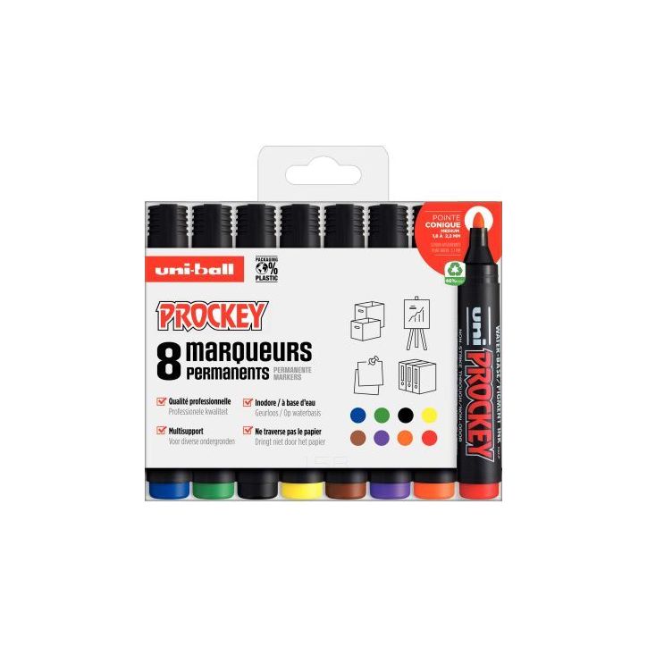 UNI-BALL Pochette de 8 marqueurs permanents pointe ogive encre pigmentée à  base d eau UNI PROCKEY