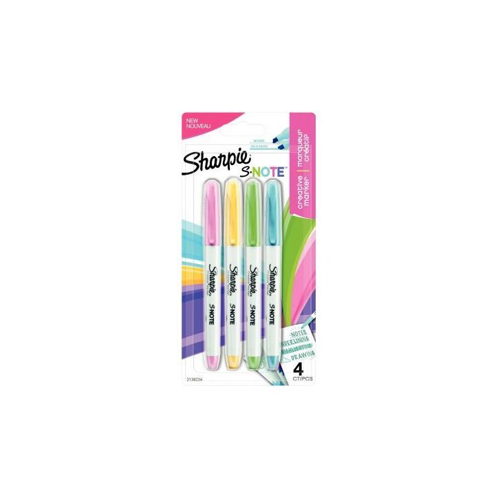 SHARPIE Pochette de 4 marqueurs permanent Sharpie Snote. Pointe biseautée. Coloris pastel assortis
