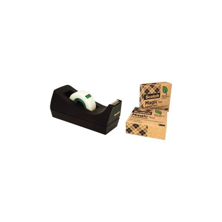 Pack dévidoir C38 NOIR en plastique recyclé + 3 rouleaux d'adhésifs invisibles Scotch Magic Green L1188 SCO(...)