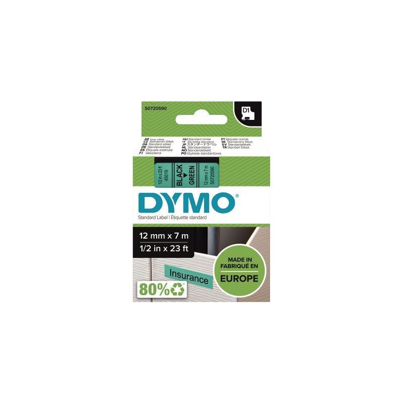 Achetez Recharge DYMO D1 12 mm x 7 m impression noir support vert S0720590 DYMO pas cher sur Ma Rent..