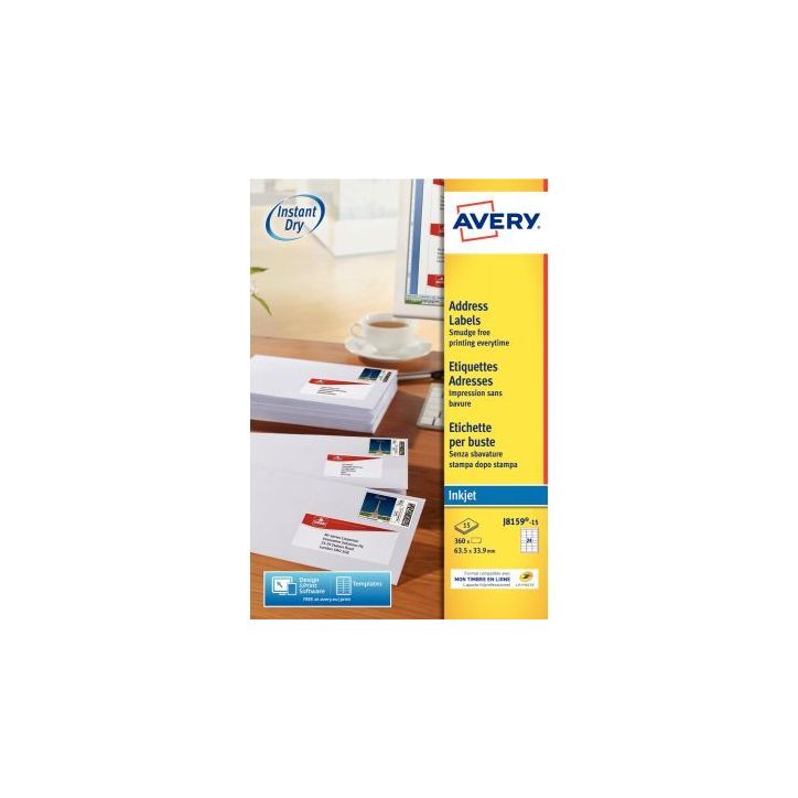 Paquet de 360 étiquettes adresse jet d'encre blanc 63,5x33,9mm J8159-15 AVERY