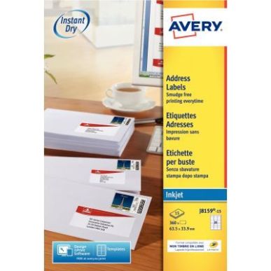 Achetez Paquet de 360 étiquettes adresse jet d'encre blanc 63,5x33,9mm J8159-15 AVERY pas cher sur ..