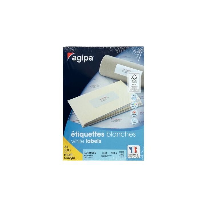 Boîte de 1600 étiquettes multi-usages blanches 105x35mm 119005 AGIPA