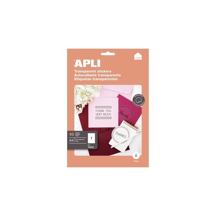 Pochette de 10 étiquettes transparentes brillantes jet d'encre 210x297mm 10053 AGIPA