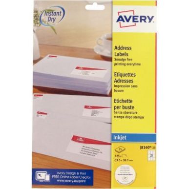 Achetez Pochette de 525 étiquettes blanches pour jet d'encre 63.5x38,1mm J8160-25 AVERY pas cher su..