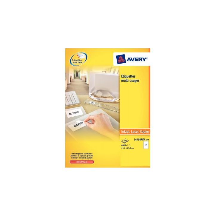Pochette de 675 étiquettes blanches enlevables 63,5x29.6mm L4737REV-25 AVERY