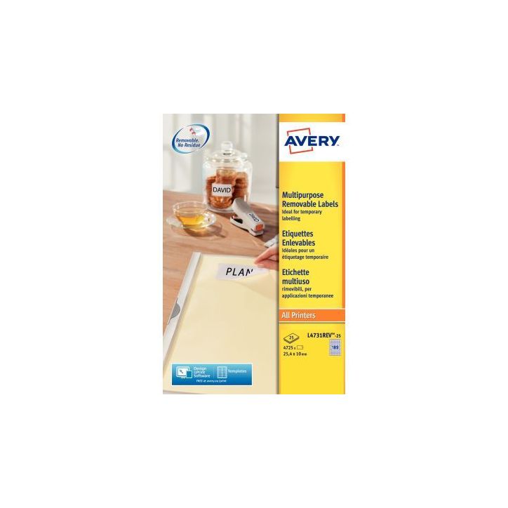 Pochette de 4725 étiquettes blanches enlevables 25,4x10mm L4731REV-25 AVERY