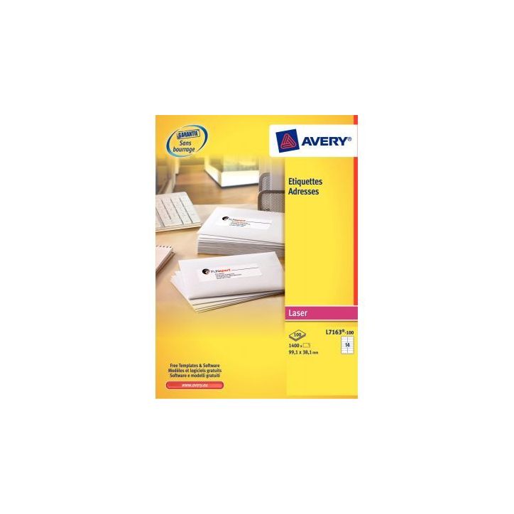 Pochette de 1000 étiquettes adhésives blanches laser 99,1x57mm L7173-100 AVERY