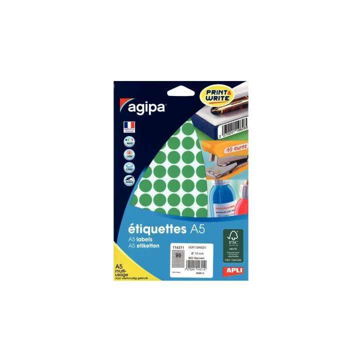 Etui de 960 pastilles adhésives diamètre 15 mm vert 114311 AGIPA