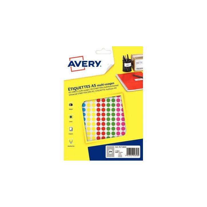 Etui de 2 058 disques adhésifs 8mm assortis PET08MX AVERY