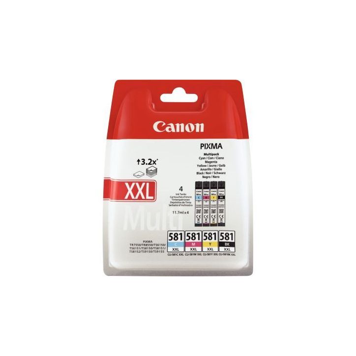Lot de 4 cartouches jet d'encre à la marque CANON CLI581XXL noire et couleurs 581XXL CASPI1998C007 CANON