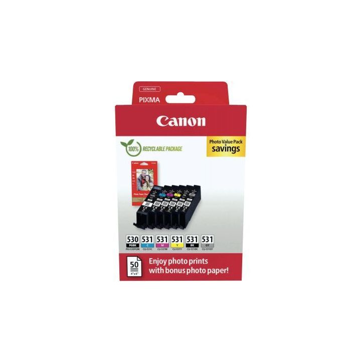 Canon 530/531 lot 6 cartouches encre noir photo, noir, cyan, magenta, jaune et grise authentique 530 / 531 CAS(...)