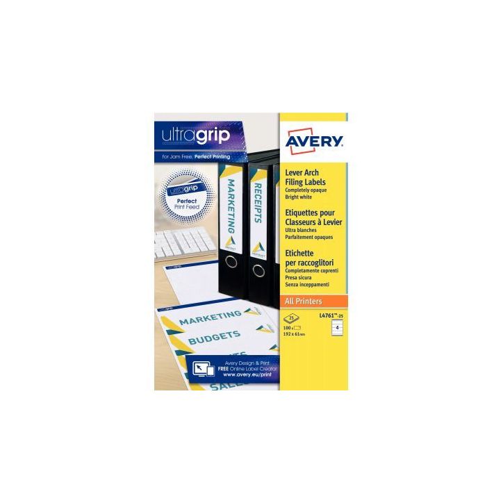 Paquet de 100 étiquettes adhésives pour dos de classeurs, format 19,2 x 6,1 cm L4761-25 AVERY