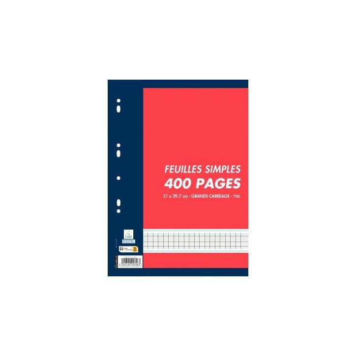 Sachet de 400 pages copies simples grand format A4 grands carreaux Séyès 70g perforées