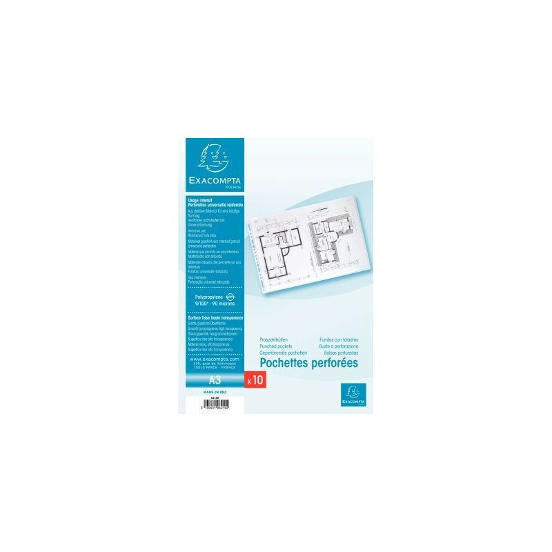 Achetez Sachet de 10 pochettes perforées en polypropylène lisse 9/100ème, format A3 6210E EXACOMP..