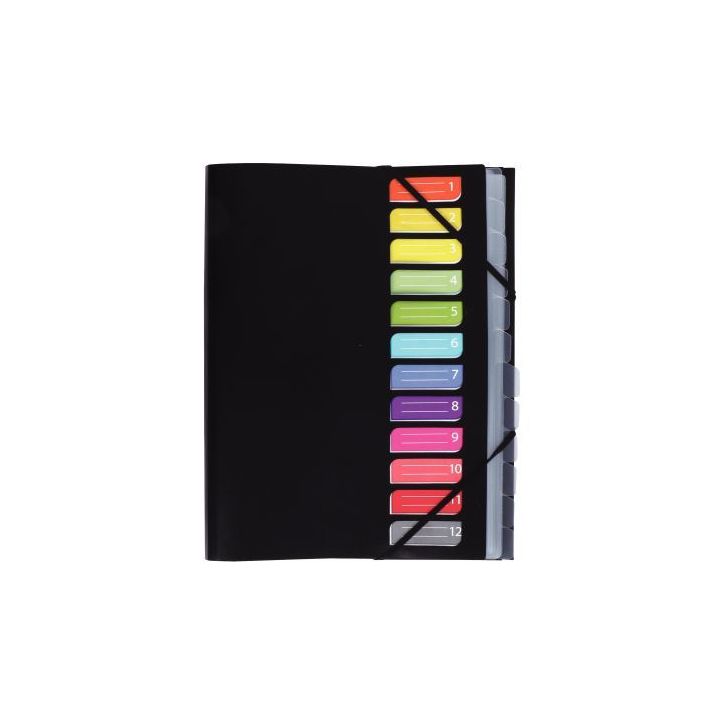 Trieur en polypropylène avec 3 rabats et élastiques 12 compartiments coloris noir 1310405