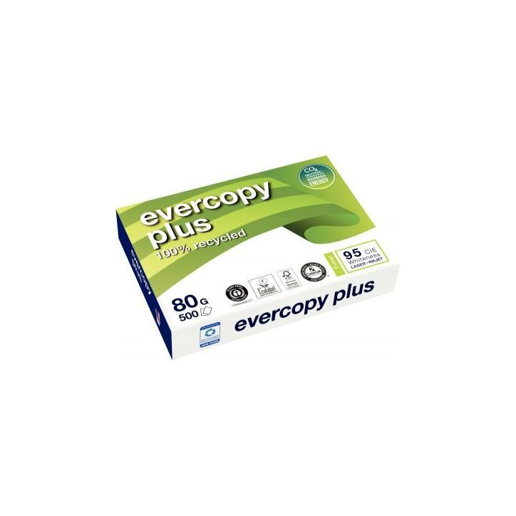 CLAIREFONTAINE Ramette de 500 feuilles A4 80g, papier 100% recyclé Blanc Evercopy+ CIE95