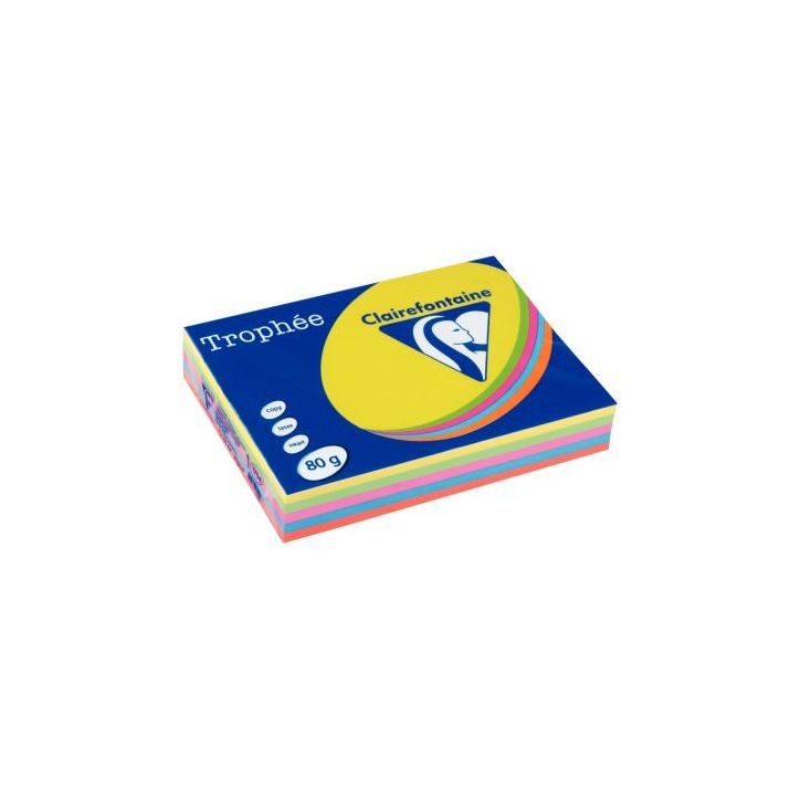 CLAIREFONTAINE Ramette 5x100F papier Trophée 80g A3 assortis intense soleil,menthe,cardinal,BleuT,Fuchsia