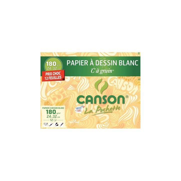 Pochette de 12 feuilles à  dessin C à  grain 180 g, format 24x32 cm C200027102 CANSON