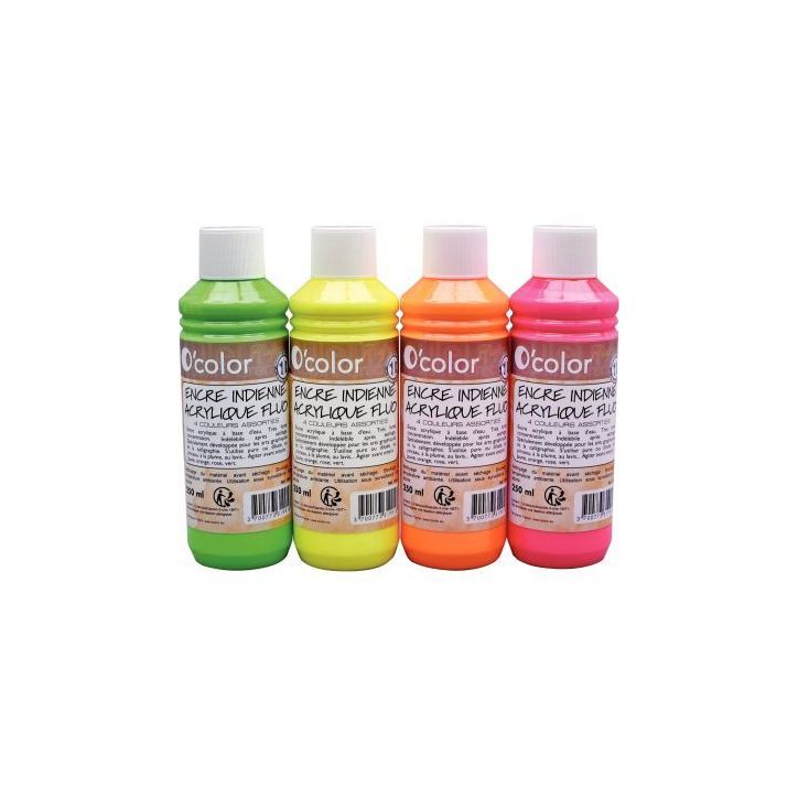 Lot de 4 flacons 250ml d'encres indiennes fluo 1991 O'COLOR