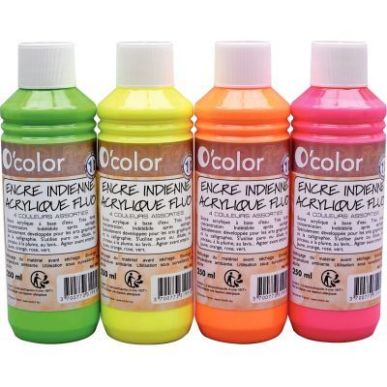 Achetez Lot de 4 flacons 250ml d'encres indiennes fluo 1991 O'COLOR pas cher sur Ma Rentrée Scolair..