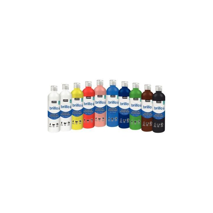 Assortiment de 10 flacons de 500 ml de gouache brillante BRILLO (9 + 1 flacon offert) 384599 BRILLO PEBEO