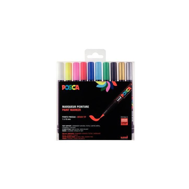 Boite de 10 Posca Brush assortis PCF350/10 POSCA UNIBALL