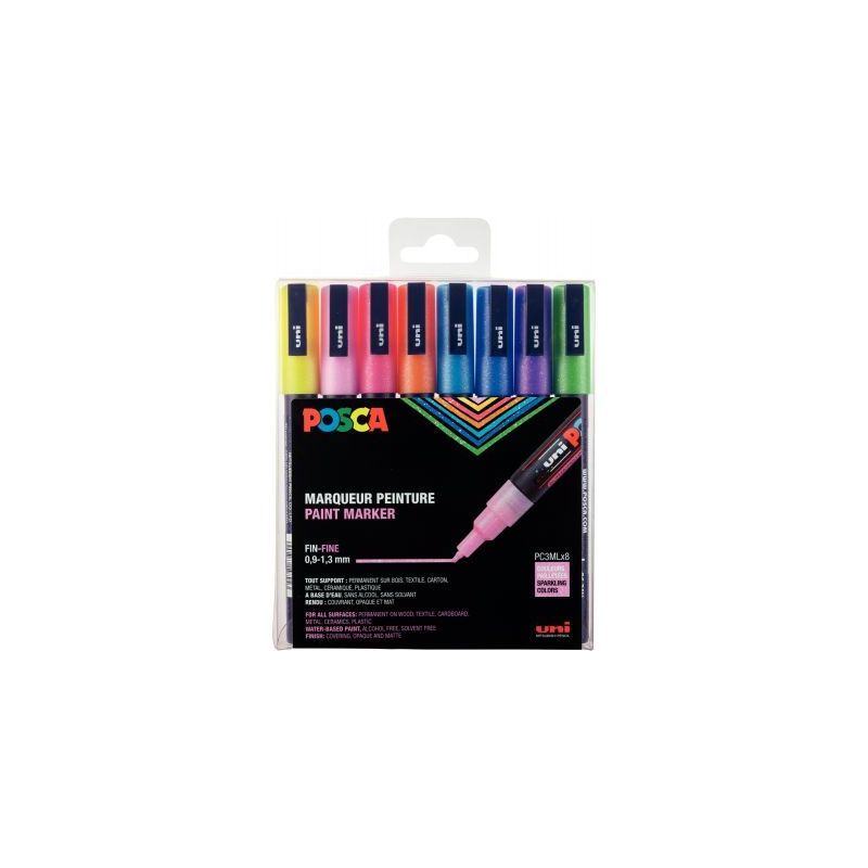 Achetez Pochette de 8 marqueurs Posca pointe fine ogive pailletés PC3ML/8AASS26 POSCA UNIBALL pas c.. Achetez Pochette de 8 marqueurs Posca pointe fine ogive pailletés PC3ML/8AASS26 POSCA UNIBALL pas c..