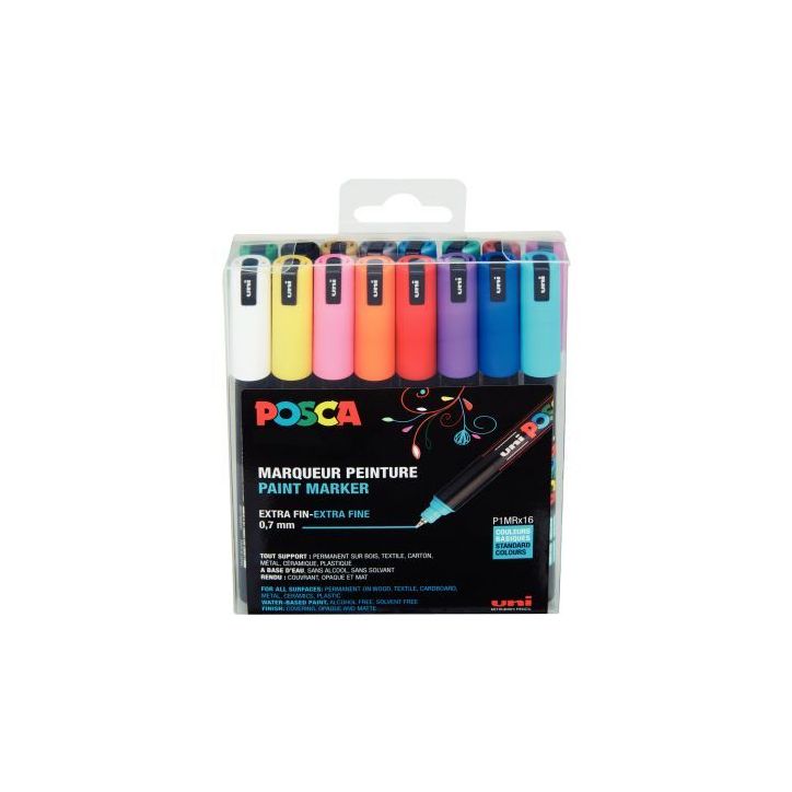 Pochette 16 marqueurs Posca pointe extra fine 0,7mm couleurs assorties PC1MR/16 POSCA UNIBALL