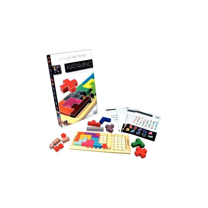 La boîte "KATAMINO" contient 20 pièces en bois, un plateau de jeu, une planche d?exemples, 6 tableaux-grille