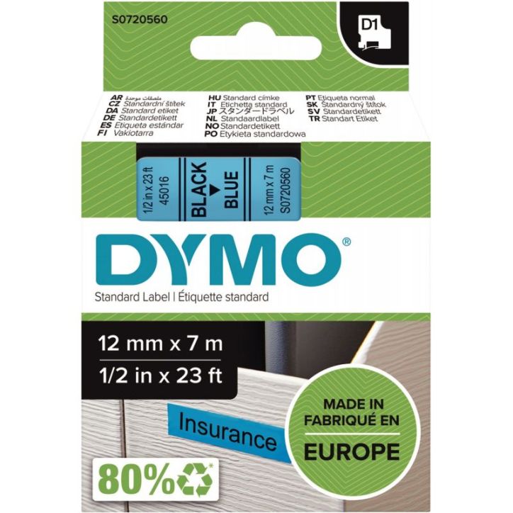 DYMO Ruban D1 Noir/Bleu 12MMX7M pour 1000/1000+/2000/3500/4500/5000/5517 S0720560