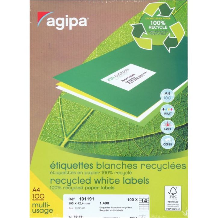 Boîte de 1400 étiquettes multi-usages blanches recyclées 105x42,4mm 000101191 AGIPA