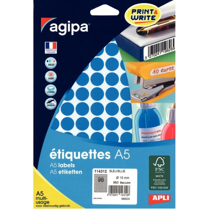 Etui de 960 pastilles adhésives diamètre 15 mm bleu 114312 AGIPA