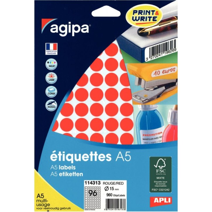Etui de 960 pastilles adhésives diamètre 15 mm rouge 114313 AGIPA